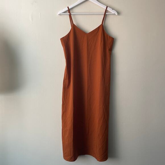 The Open Satin Silky Spaghetti Strap V-Neck Midi Dress in Burnt Orange -S - Picture 5 of 12